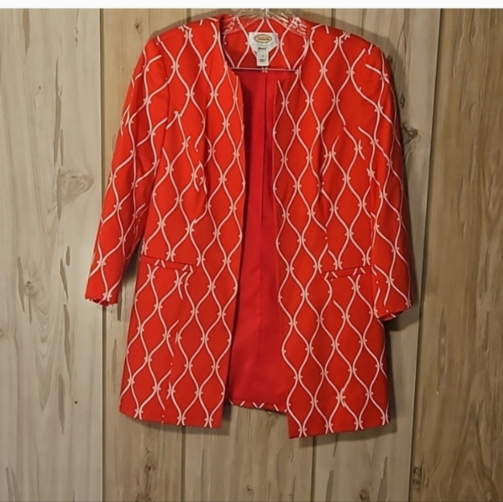 Talbots Red Blazer with White Geometric Design